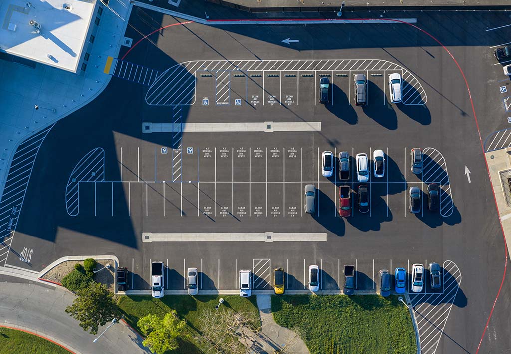 Aerial view of the Merced Yosemite Regional Airport parking lot