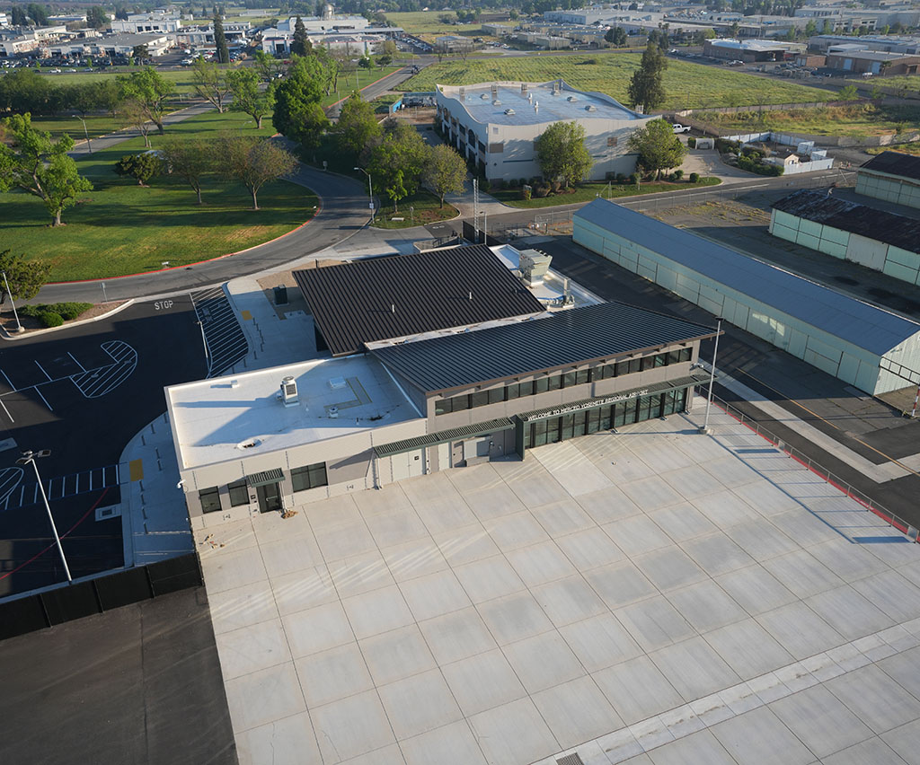 Aerial view of the Merced Yosemite Regional Airport terminal